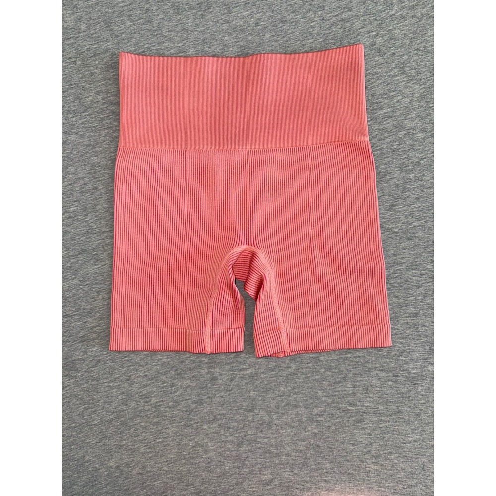 Colsie Womens Coral Pink Ribbed Seamless Biker Shorts Size Small Athleisure Yoga